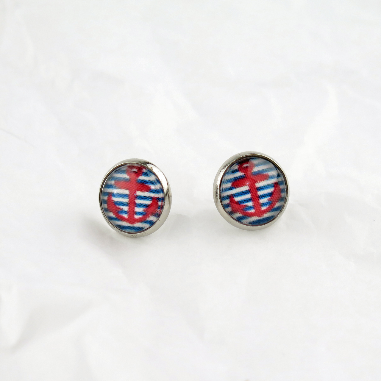 Ohrstecker Cabochon roter Anker / blaue Streifen